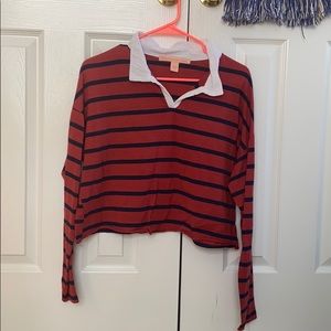 Navy and Orange/Red Striped Collared Crop Top